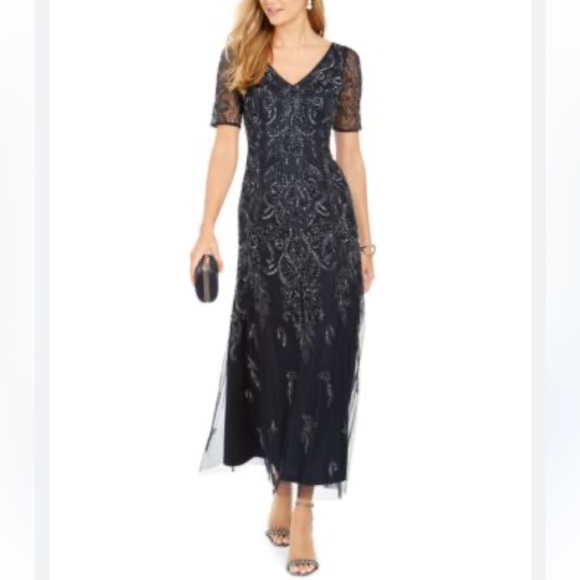 Midnight Elegant Navy Blue SequinsBeaded  Sheer Evening Dress by Adrianna Papell - Picture 1 of 9